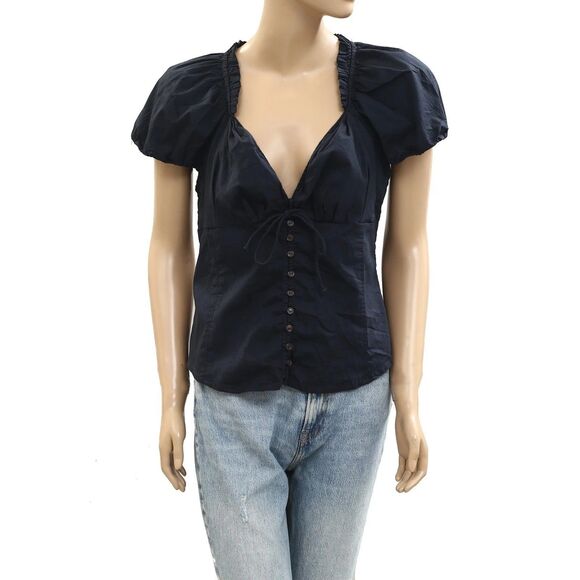 Free People Summer Short Sleeve Blouse Shirt Top Black Sweetheart M NWT 284605 - Picture 4 of 7